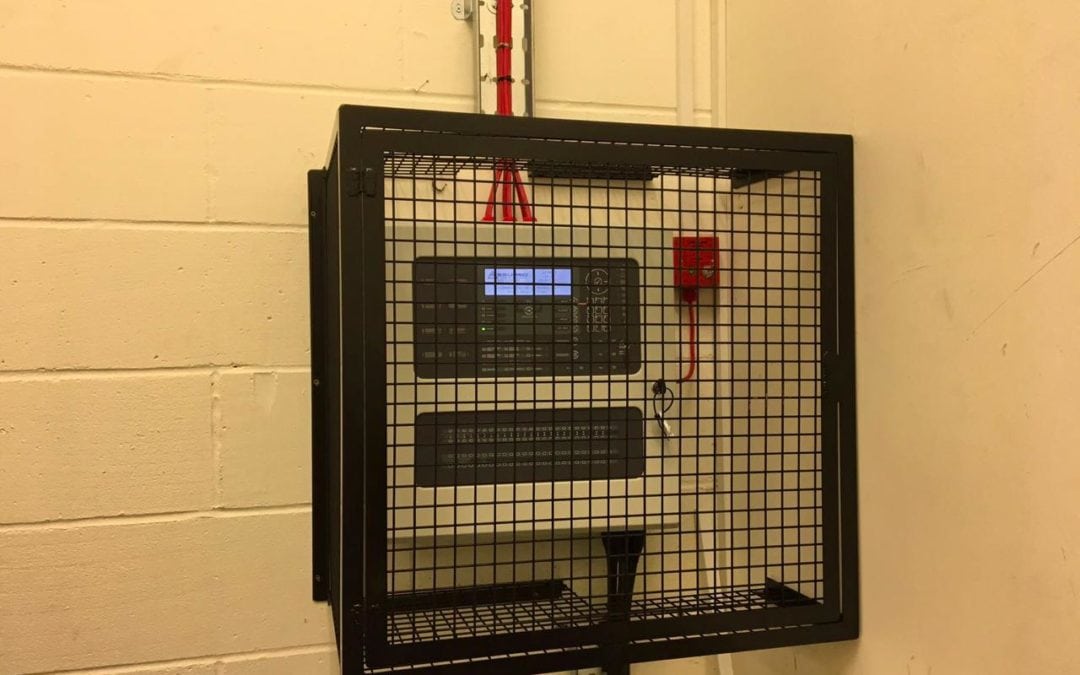 Metal cage for control unit. Bancroft’s School, Woodford Green, Essex